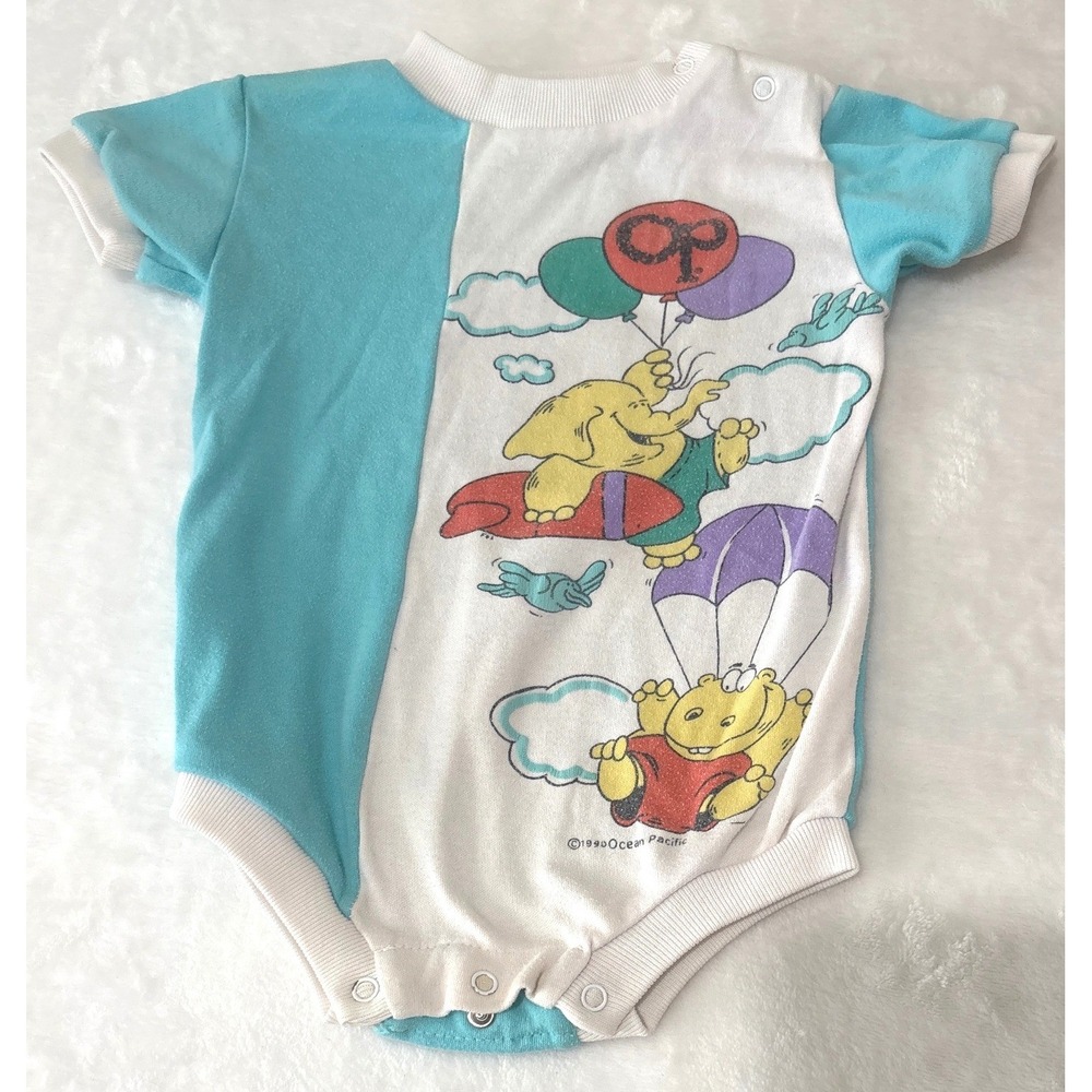 Vintage 1990 Ocean Pacific OP Baby Bodysuit Teal White Graphic 18M 05191 6